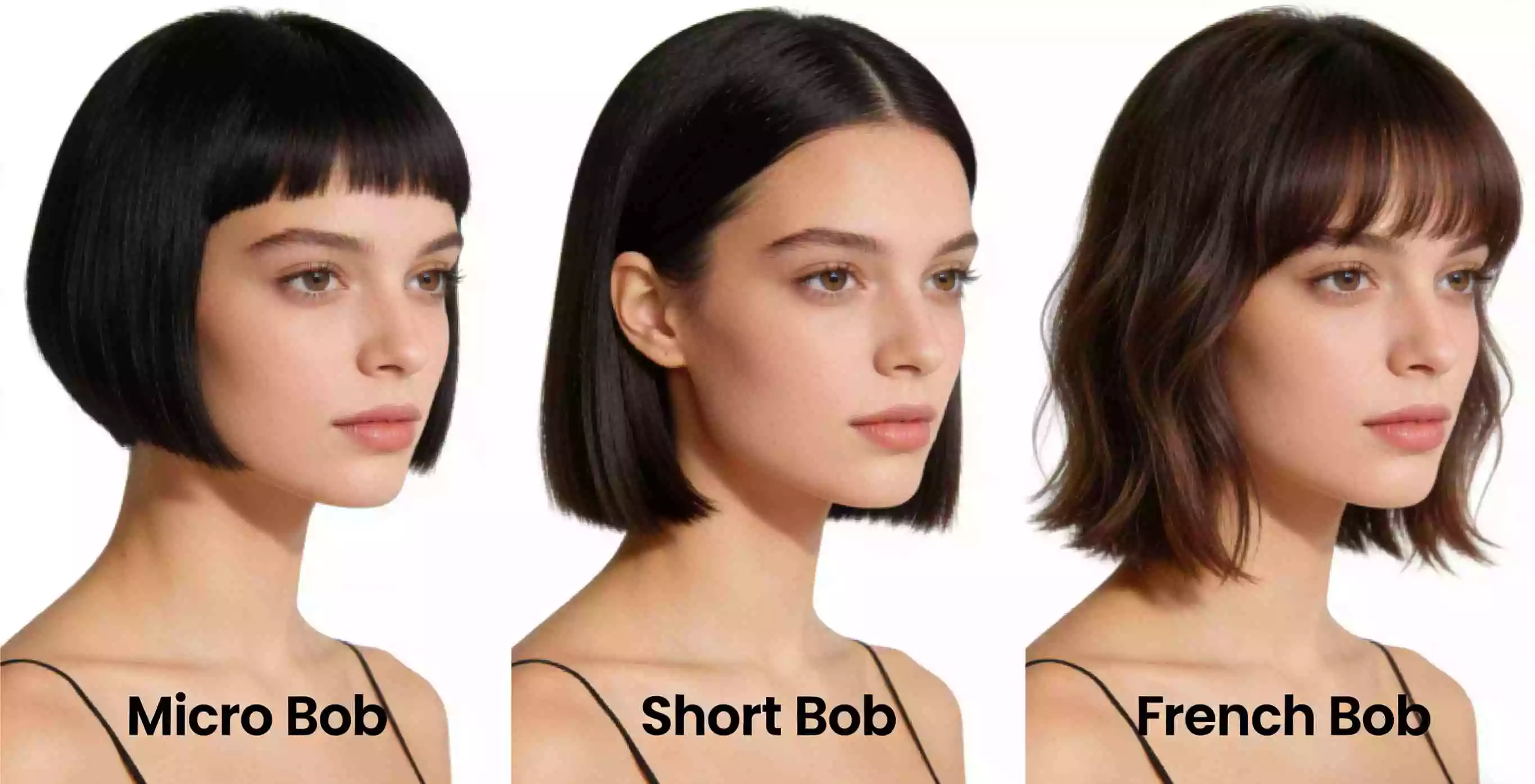 Visual comparison of micro bob vs short bob vs French bob, highlighting differences in length, shape, and styling