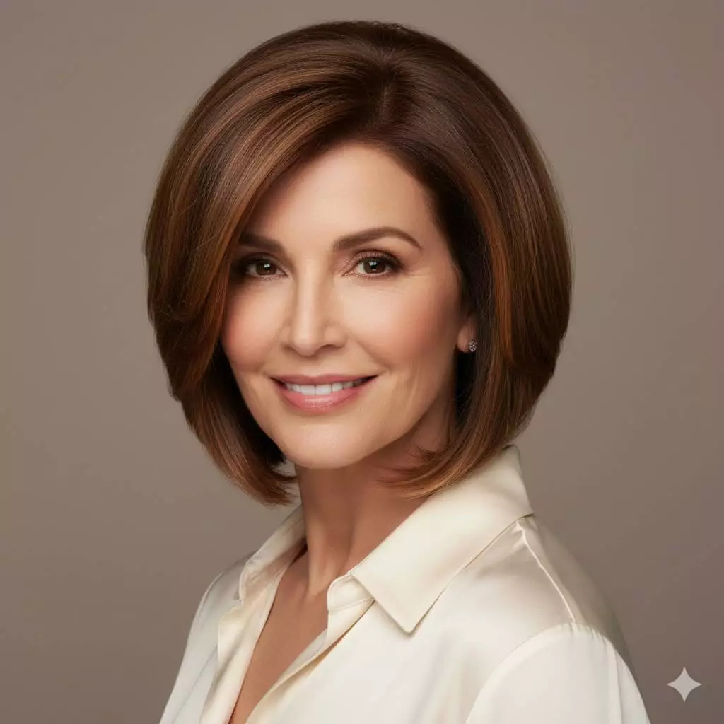 Sophisticated mature woman in her late 50s with warm chestnut hair in a subtle A-line bob extending from shorter nape to longer front strands at collarbone level, soft internal layers adding crown volume and gentle face-slimming angle, polished ends with light shine for an elegant, structured yet effortless 2026 look.
