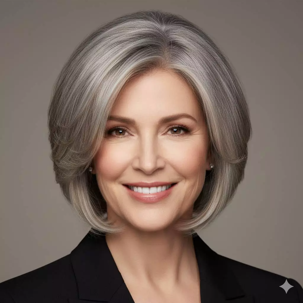 Elegant mature woman in her mid-50s with soft silver-blonde highlights in a chin-to-collarbone layered bob haircut, featuring gentle face-framing strands, subtle volume at the crown, and natural inward-curved ends that soften the jawline and add youthful lift, photographed in soft natural light with a confident smile against a neutral elegant background.