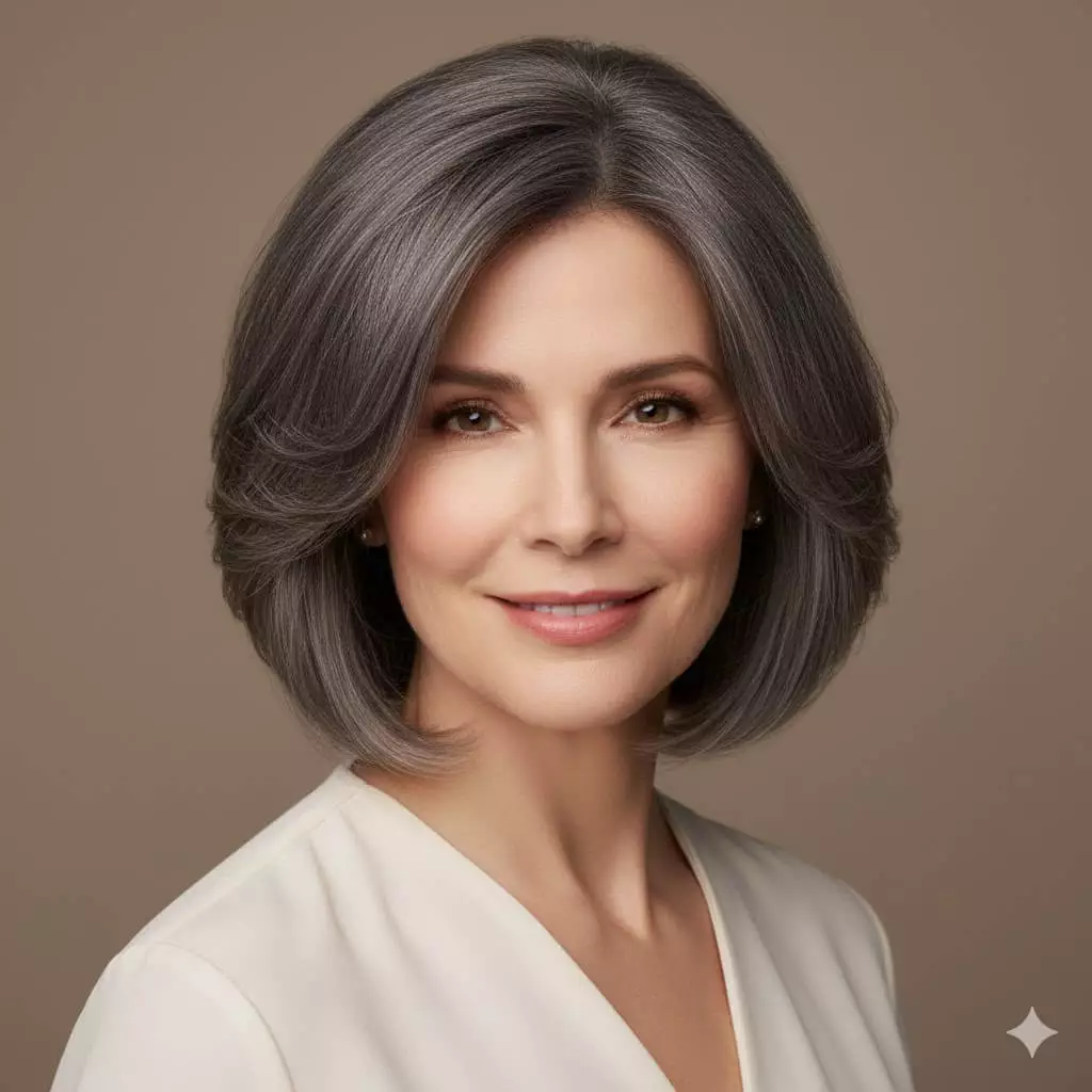 Graceful woman over 50 with fine ash-brown hair in a softly layered chin-to-collarbone bob, featuring delicate face-framing layers that gently hug the cheeks and jawline, subtle root lift for volume, and feathered ends for natural movement, creating a youthful, flattering, and low-maintenance 2026 style in soft studio lighting.
