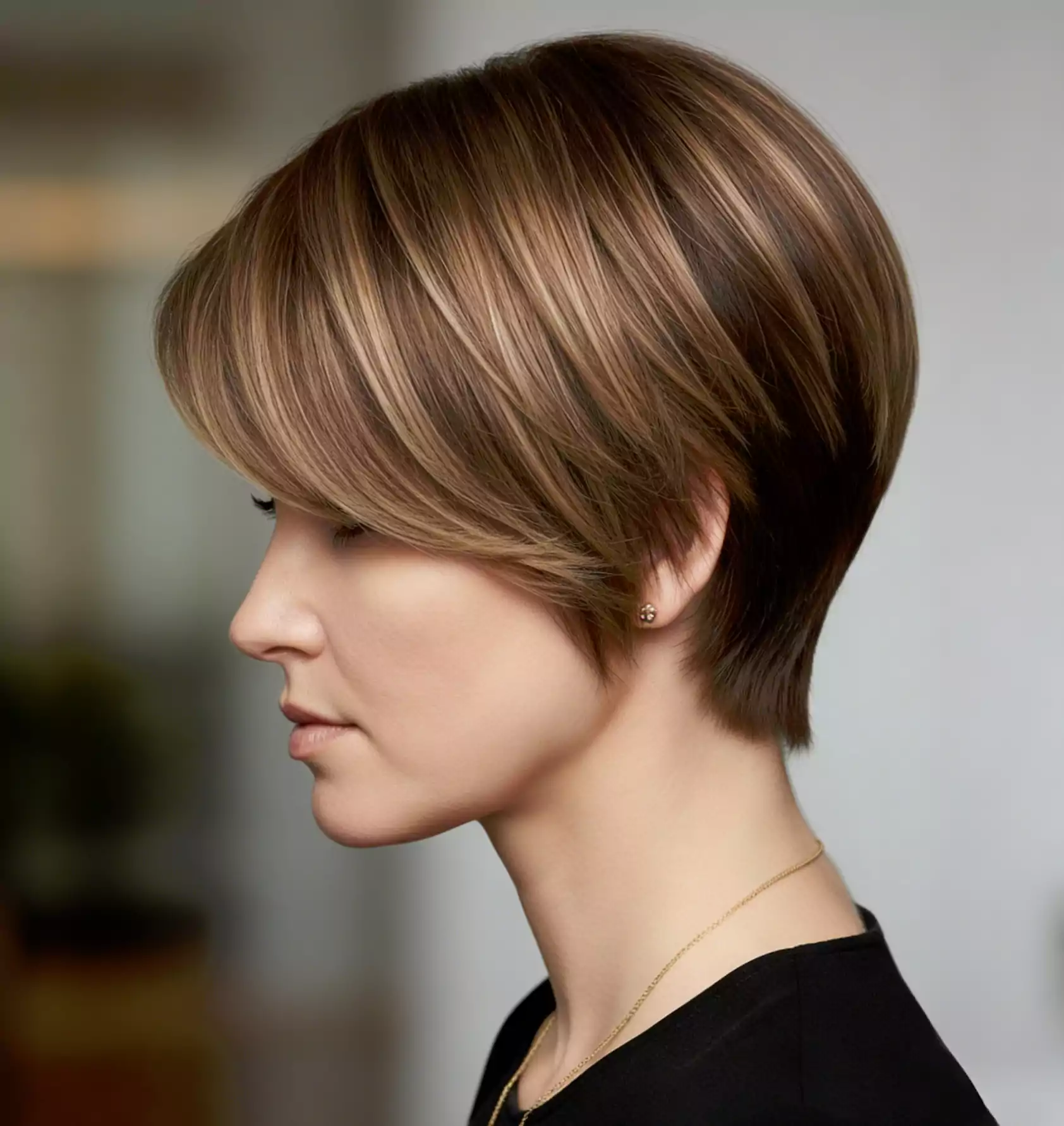 Sleek straight pixie bob haircut on thick hair
