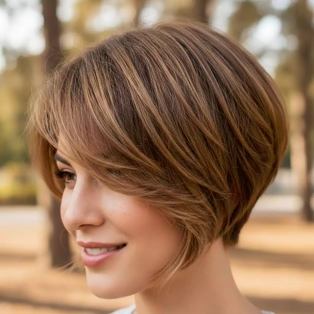 Textured pixie bob haircut on thick hair with soft face-framing layers