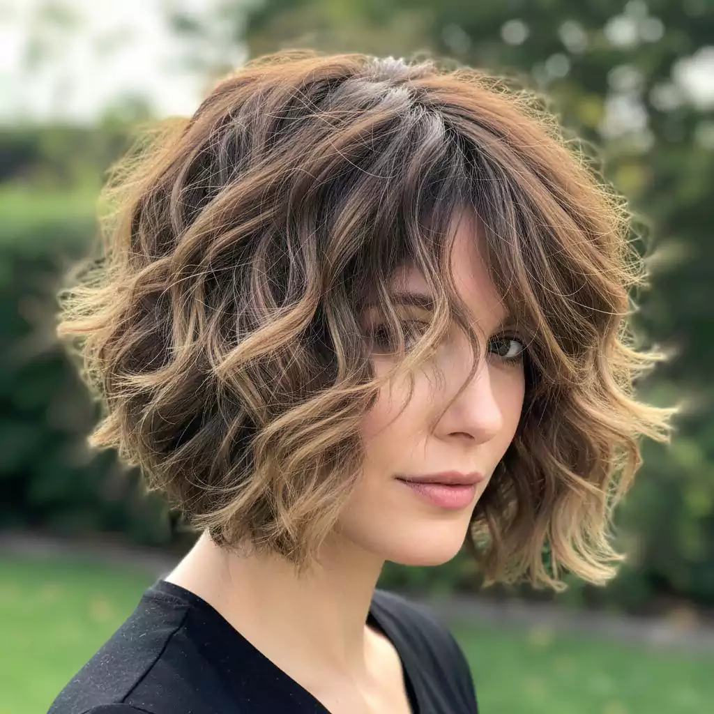 Wavy pixie bob haircut on thick hair with natural movement