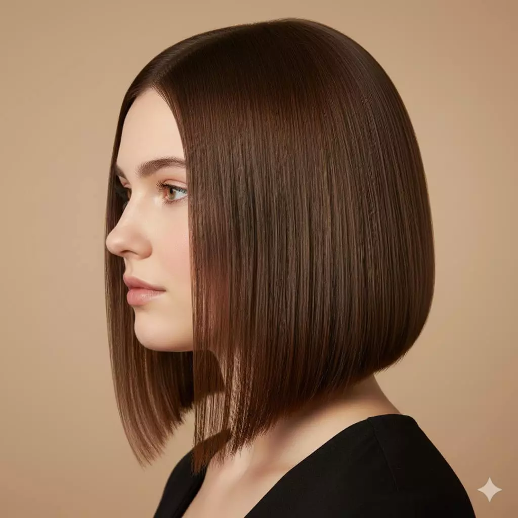 Side view of a woman with round face in a classic A-line bob haircut with shorter layered back graduating to longer front strands at collarbone level,
subtle textured ends and deep side part creating asymmetry, vertical lines for strong slimming effect and elongated oval illusion in a polished 2026
style with natural shine.