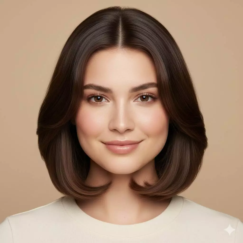 Woman with round face in a collarbone-length bob featuring softly curved inward-flipped ends for added body and bounce, subtle face-framing strands and light crown lift that elongate the face vertically,
creating a slimming softening effect around cheeks and jaw while maintaining elegant structure in a classic 2026 hairstyle.