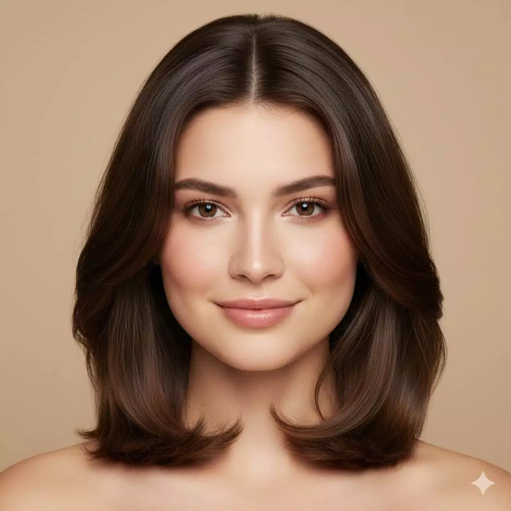 Front portrait of a woman with round face wearing a shoulder-length long lob with soft subtle waves, center or slight side part,
gentle face-framing strands that fall past the jawline, adding vertical length and slimming proportions while maintaining natural
movement and volume for an effortless flattering 2026 look.