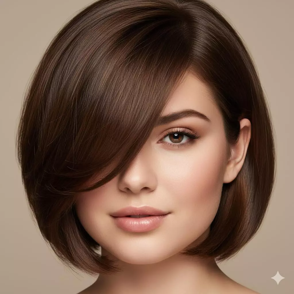 Close-up of a woman with round face in a chin-length textured bob featuring a deep side part, asymmetrical face-framing pieces sweeping
across the forehead, light point-cut layers throughout for added movement and height at crown, reducing visual width and creating slimming asymmetry
in a modern textured 2026 hairstyle.