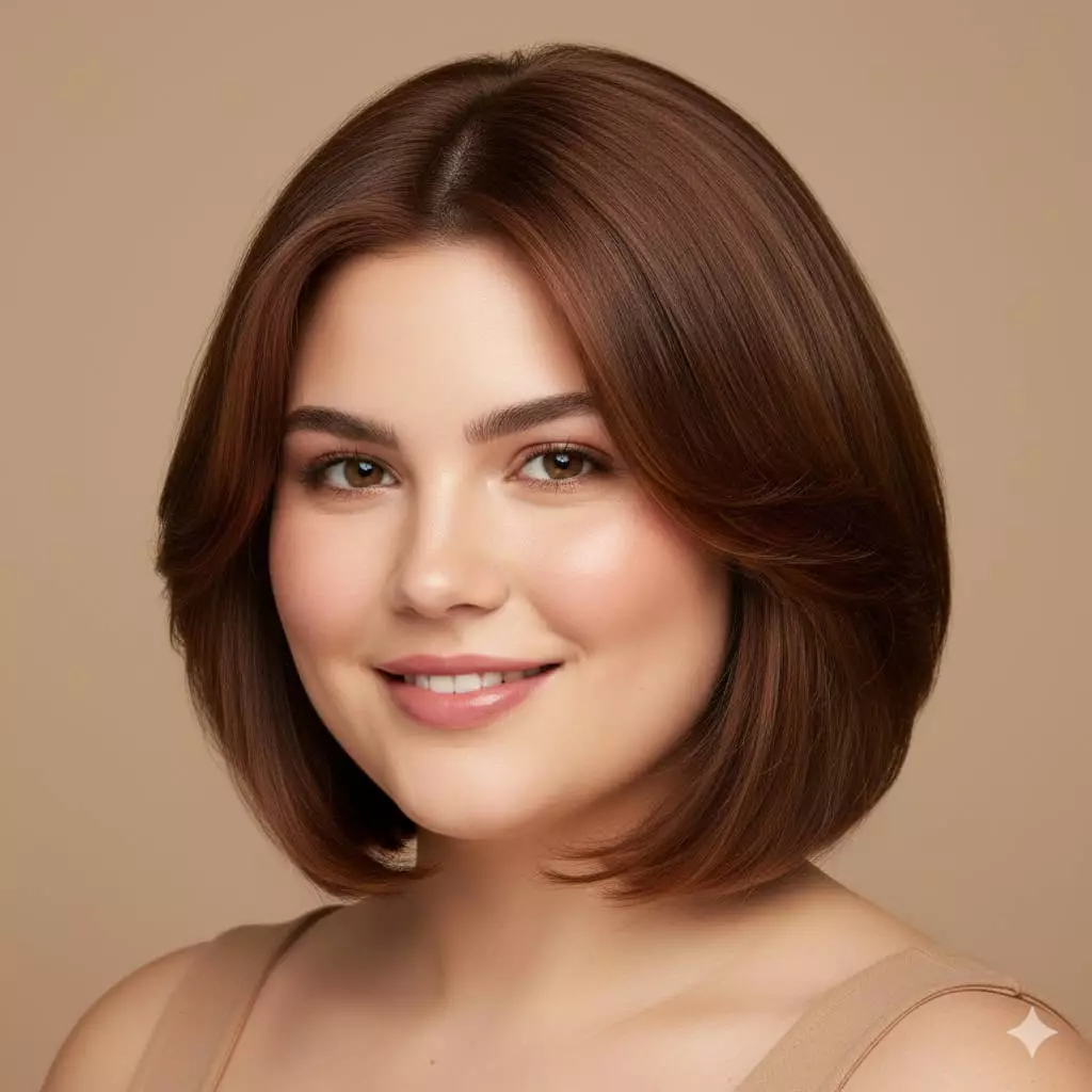 Portrait of a woman with round face styled in a jaw-to-collarbone soft layered bob, delicate internal layers starting
at cheekbones for gentle face-framing, subtle crown volume and feathered textured ends that soften the jawline and reduce width while adding
light movement and youthful lift in a flattering 2026 style.