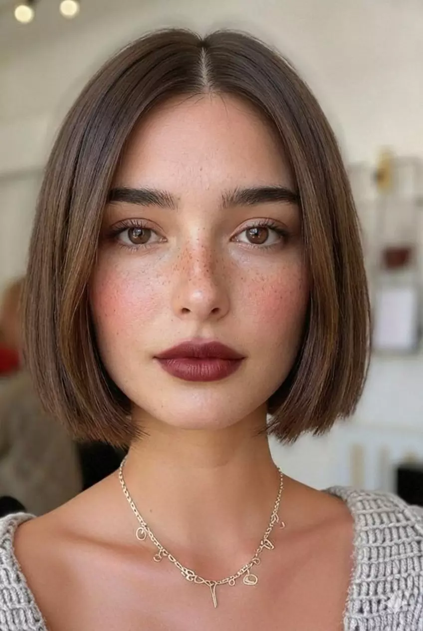 Classic chin-length blunt short bob hairstyle with smooth finish and slight shine