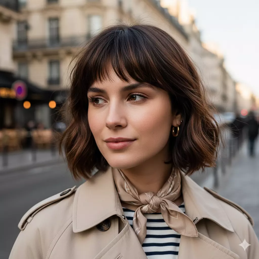 French short bob hairstyle with natural soft waves and short fringe, effortless Parisian look