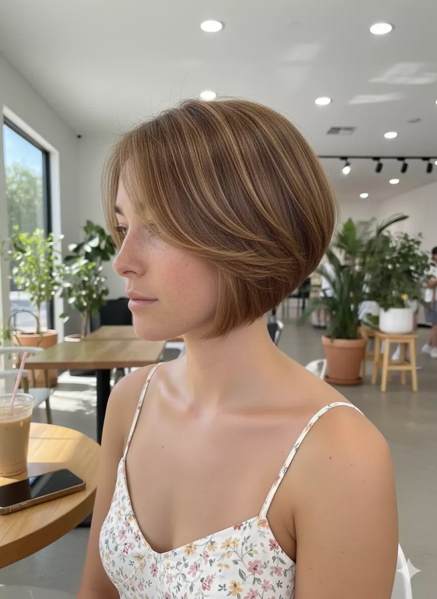 Inverted short bob haircut with stacked layers at the back, rounded crown volume, and slightly longer front pieces framing the face