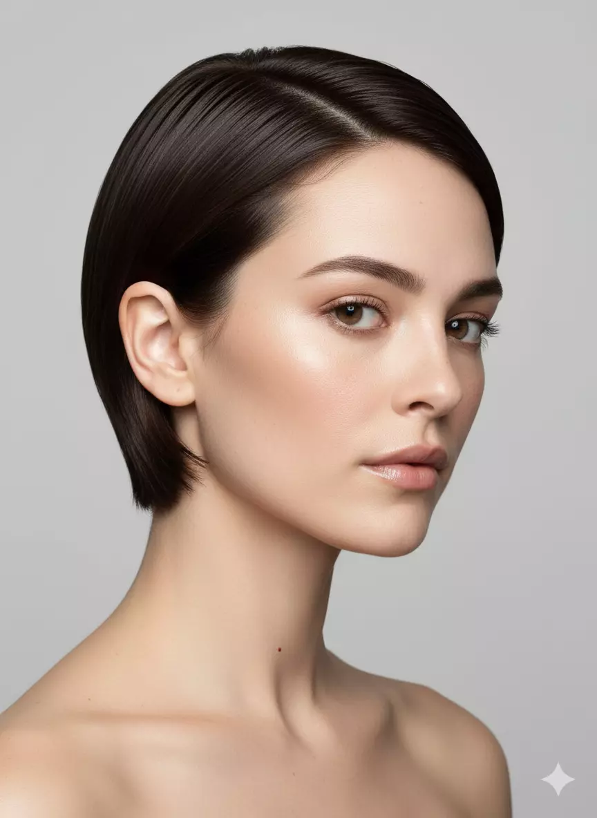 Ultra-short micro short bob haircut tucked behind ears, emphasizing jawline and cheekbones