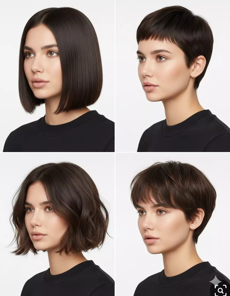 Collage of 2026 trending short bob hairstyles including blunt bob, micro bob, textured bob, and bixie hybrid