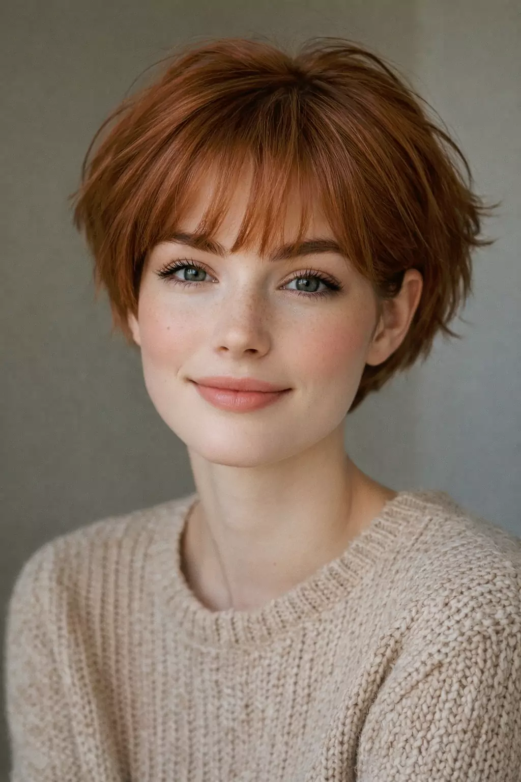 Short stacked bob with bangs, front view with clean face framing and smooth texture — image placeholder