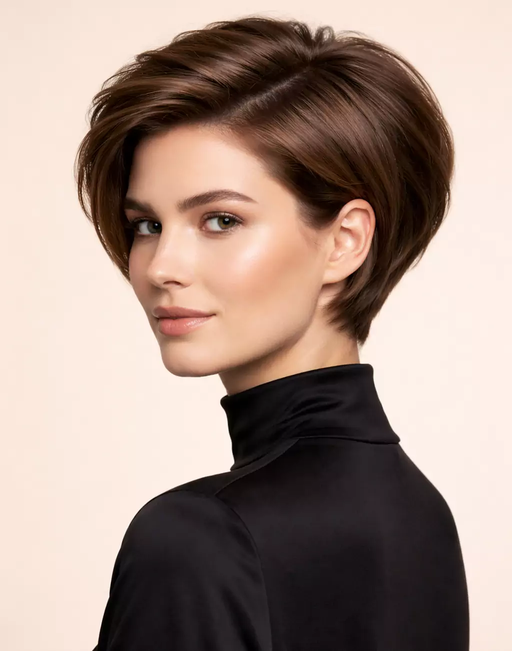 Stacked bob haircut on a European/American woman, clean editorial portrait with crown lift and tapered neckline — image placeholder