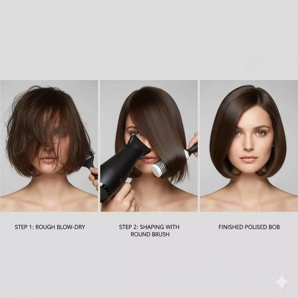 Step by step bob haircut styling process showing rough blow dry, round brush shaping, and finished polished bob hairstyle