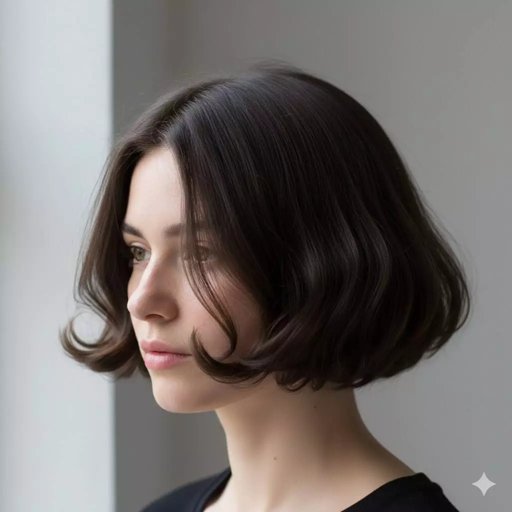 Flipped bob haircut styled with outward turned ends creating visible perimeter lift and jawline definition, instructional guide style