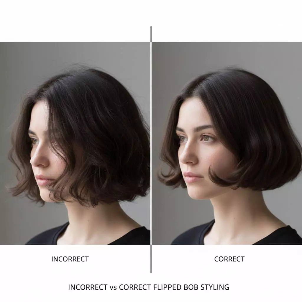 Side by side comparison showing incorrect vs correct bob haircut styling, over-flipped messy ends versus controlled clean bob baseline