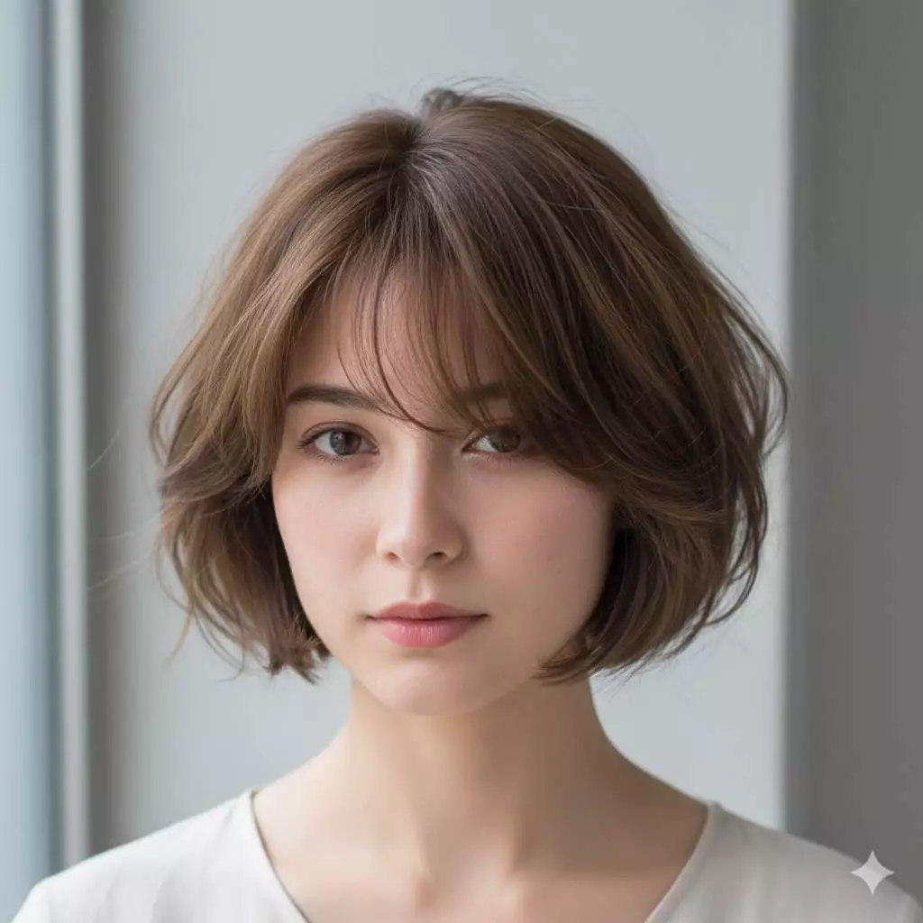 Layered bob haircut styled with airy movement and soft texture, visible layers and cheekbone framing, neutral background