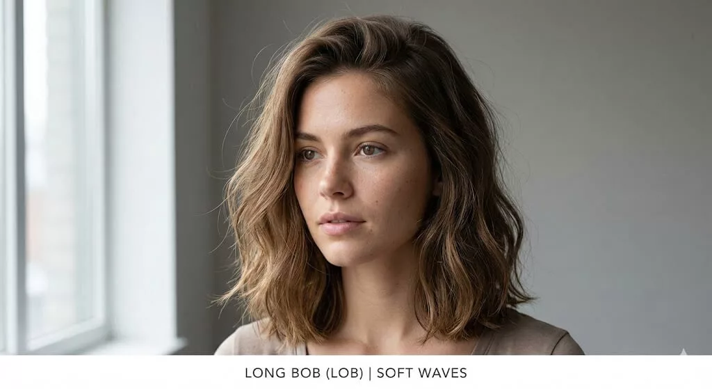 Long bob lob haircut styled with smooth baseline and soft movement at collarbone length, clean neutral background