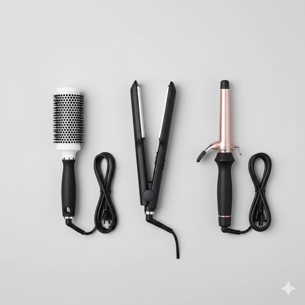 Flat lay of bob haircut styling tools including round brush, flat iron, and curling iron on neutral background, instructional hairstyling guide style