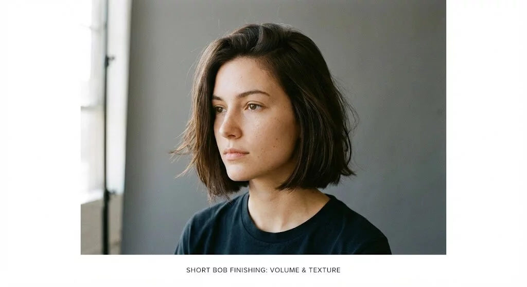 Short bob haircut styled with crown volume and clean jawline outline, neutral studio background, instructional hairstyling reference