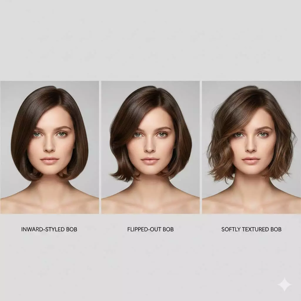 Professional bob haircut styling overview showing inward bob, flipped bob, and textured bob finishes on the same face shape, clean studio background, clear jawline and neckline visibility