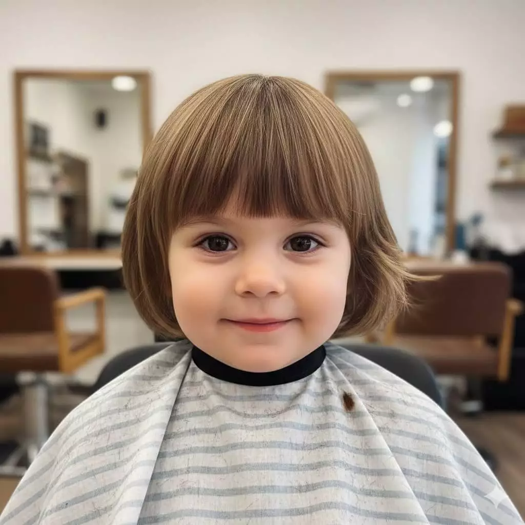 Classic toddler bob haircut for young child with even length and natural texture, ideal for first haircut