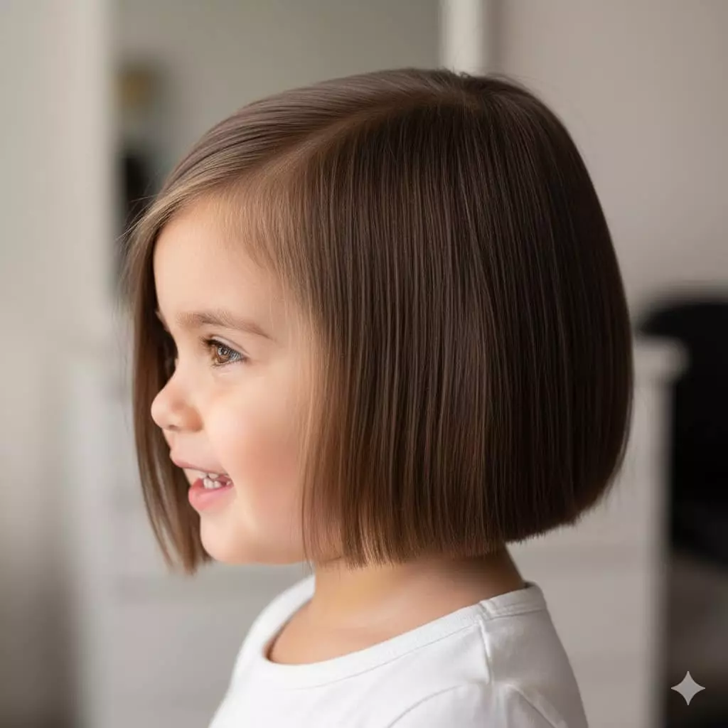 Side view of playful toddler girl with angled A-line bob haircut, longer front layers, straight hair, and happy smile