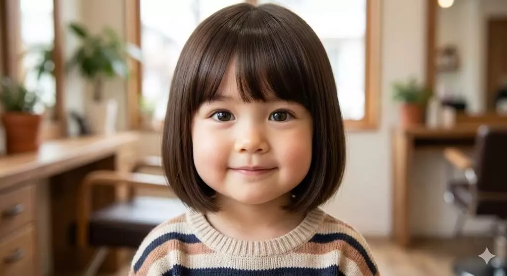 Classic blunt toddler bob haircut with straight hair and clean chin-length finish for little girls