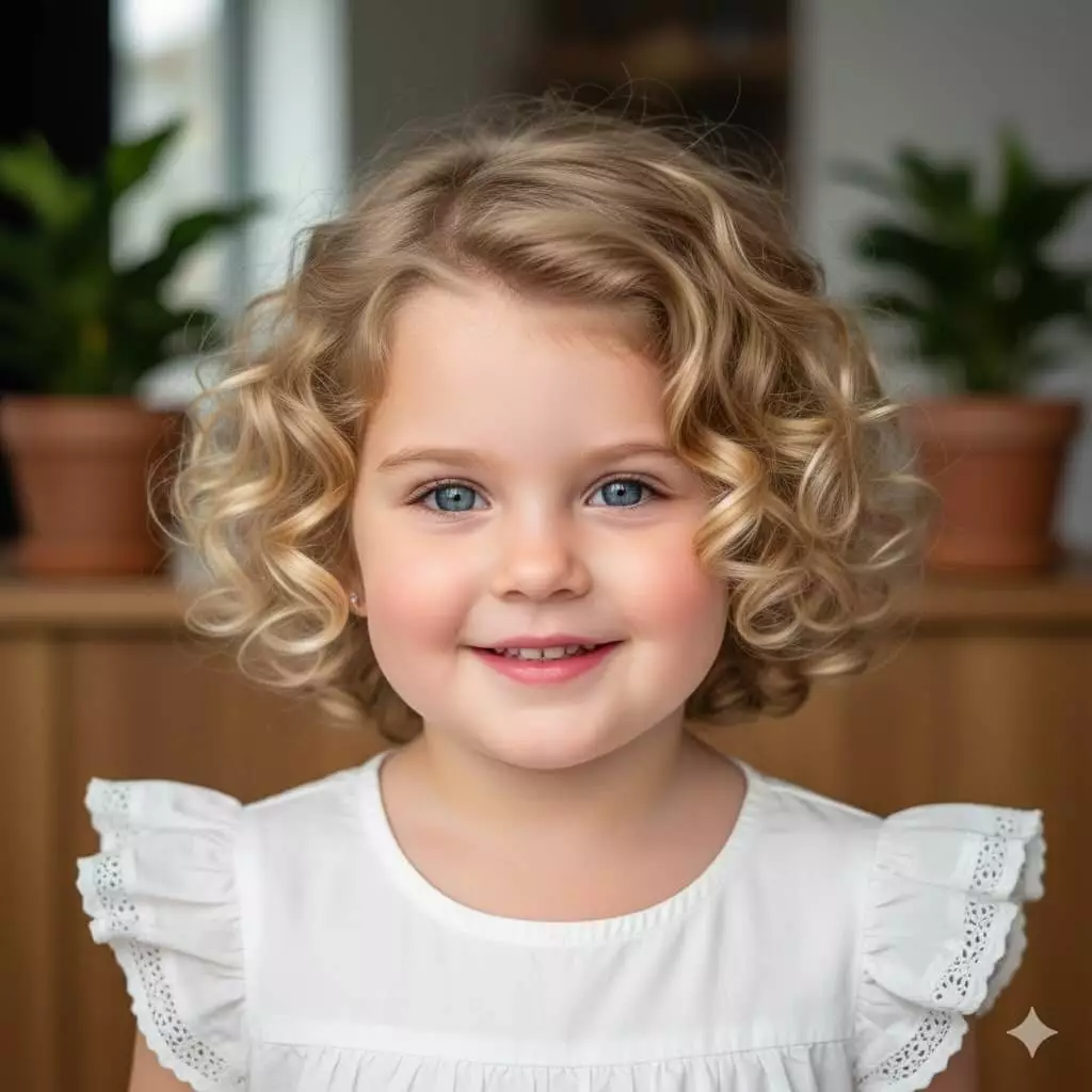 Curly toddler bob haircut with soft natural curls and rounded shape for active kids