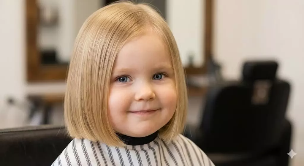 Cute toddler girl with classic blunt bob haircut and straight hair, chin-length cut framing round face