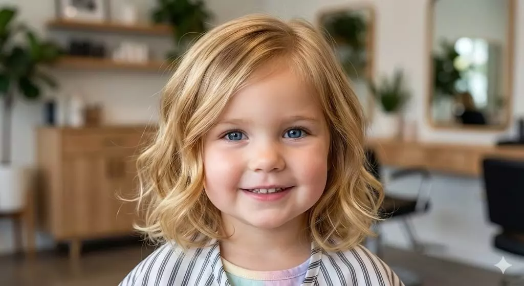 Layered toddler bob haircut with soft volume and natural waves for little girls