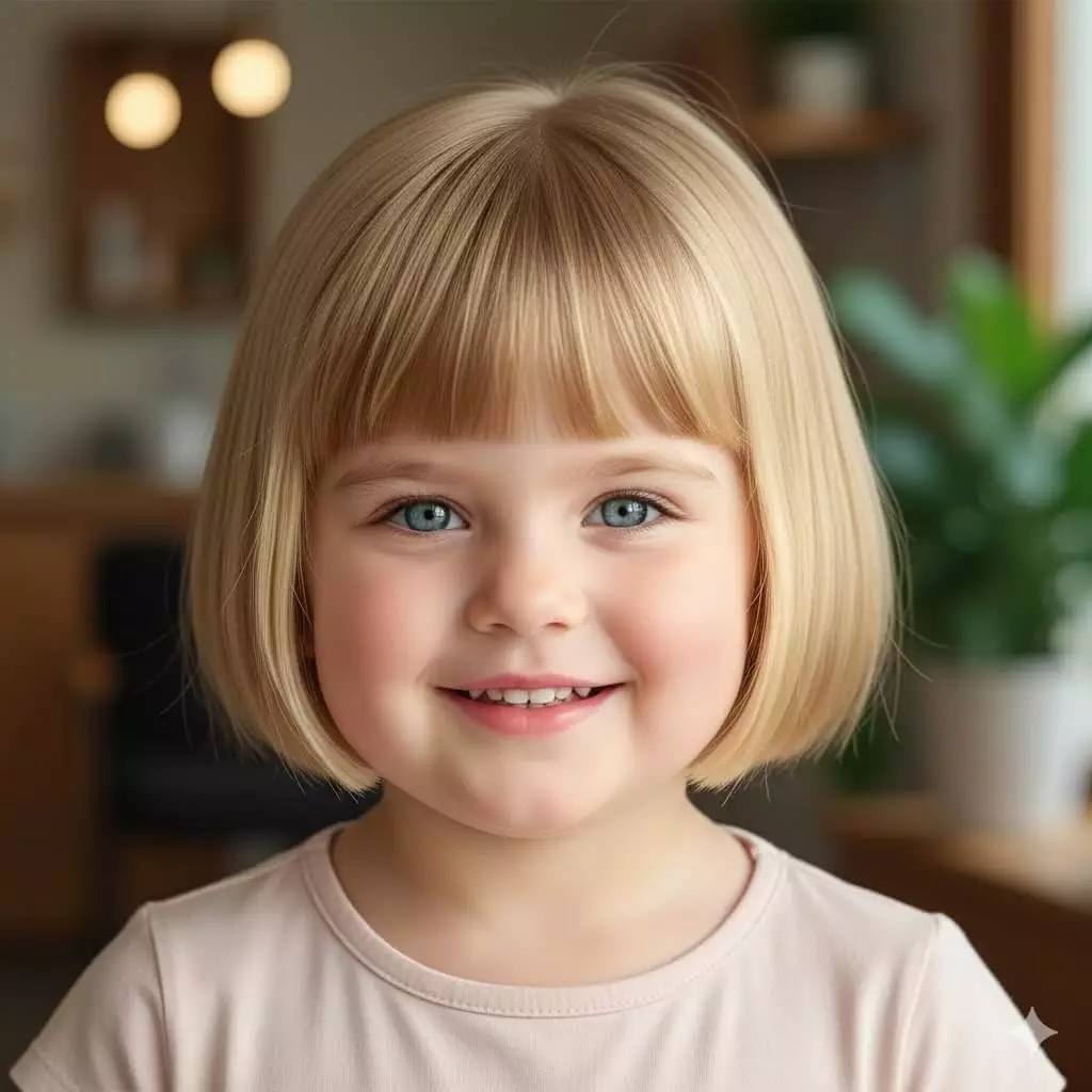 Short toddler bob haircut above chin length with straight hair for playful toddlers