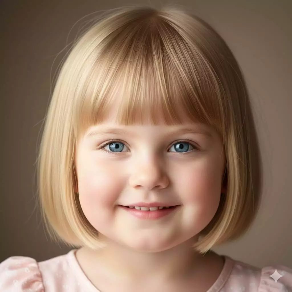 Toddler bob haircut with light bangs and smooth straight hair, smiling little girl