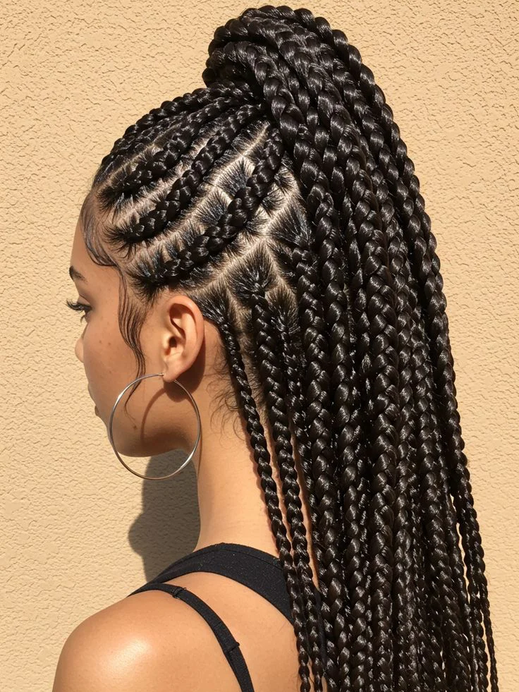 Protective box braids hairstyle with evenly sectioned square parts