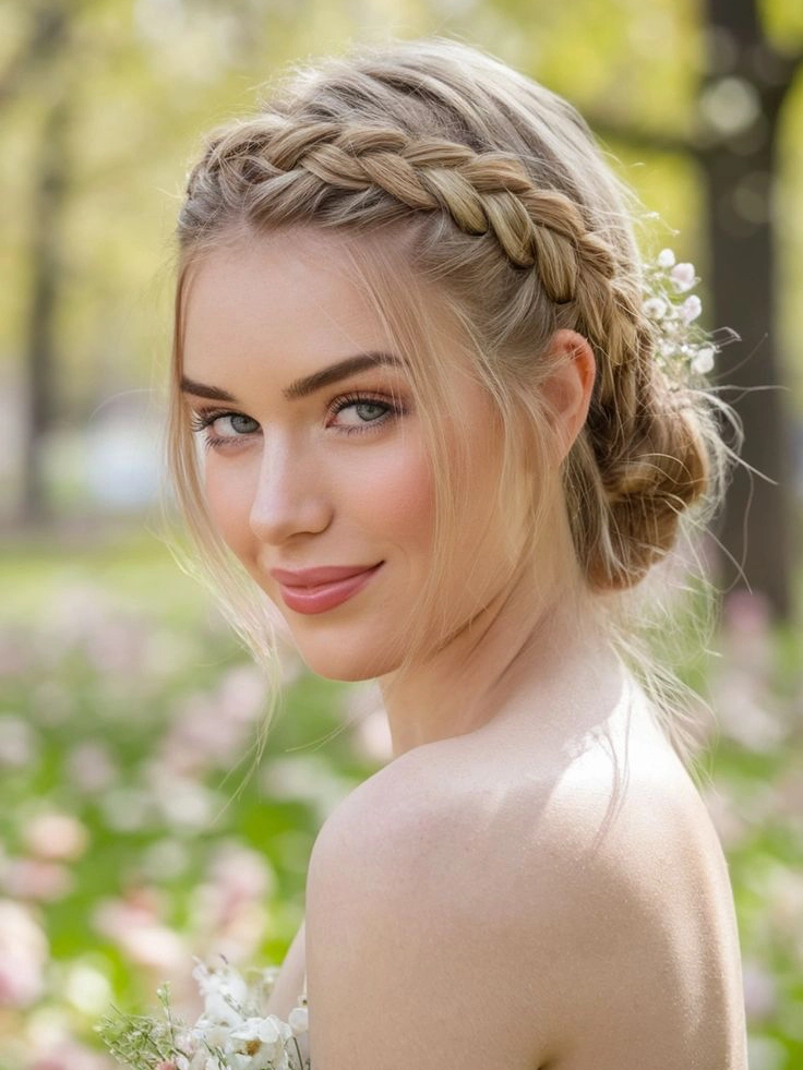 Elegant halo braid wrapped around head like a crown