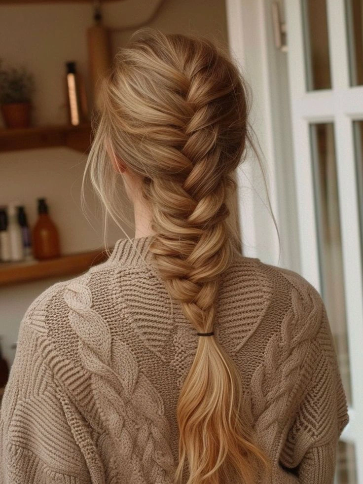 French braid hairstyle with tight plait starting at the crown