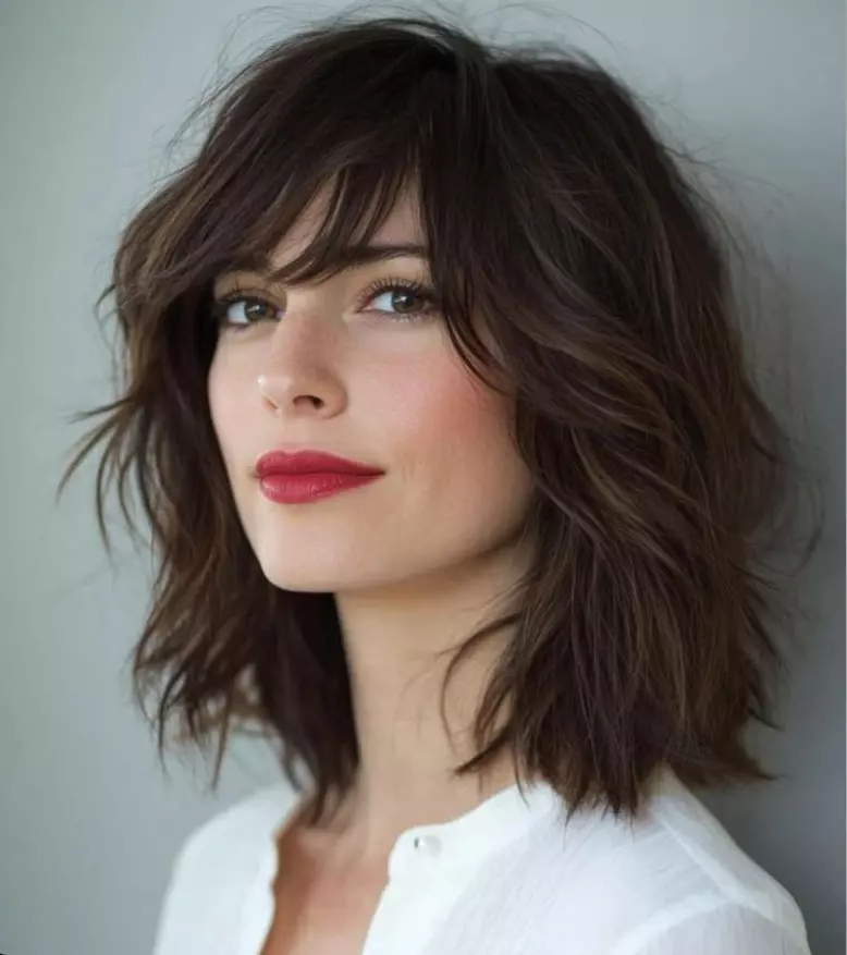 a girl with butterfly haircut with bangs
