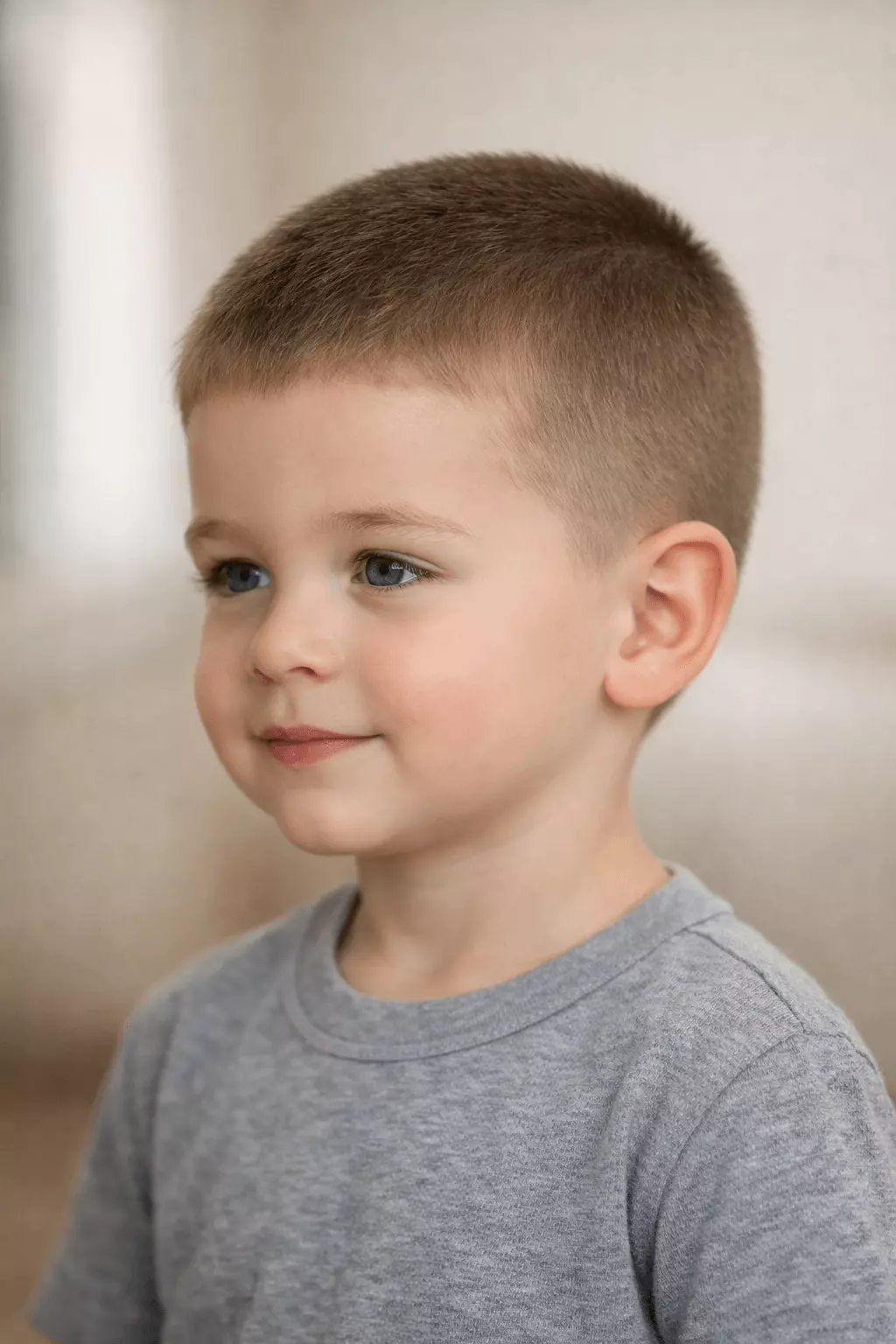 Soft longer buzz cut for younger boys with fuller coverage and natural edges