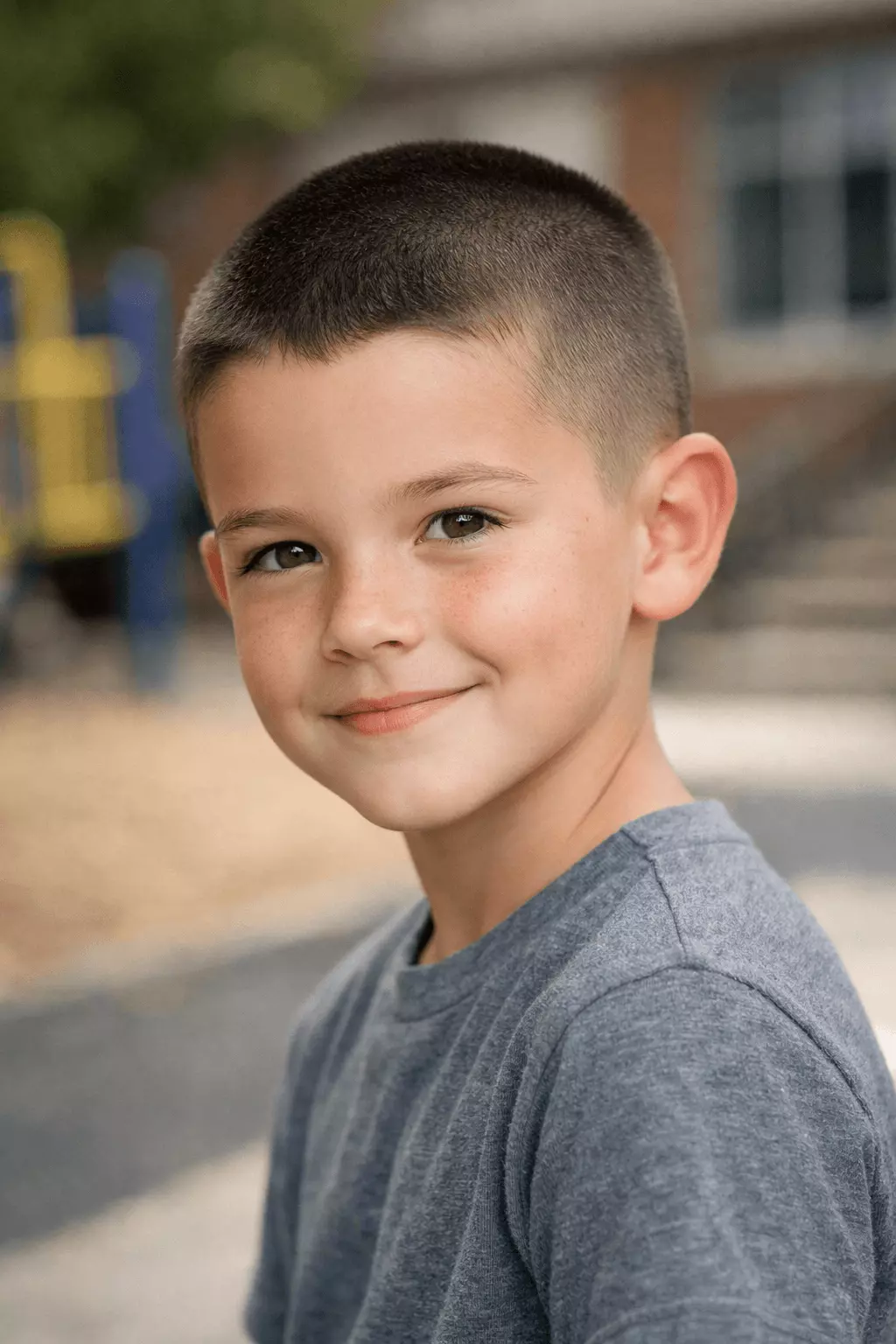 Balanced school-friendly buzz cut for boys ages 6–9 with clean neckline and subtle taper