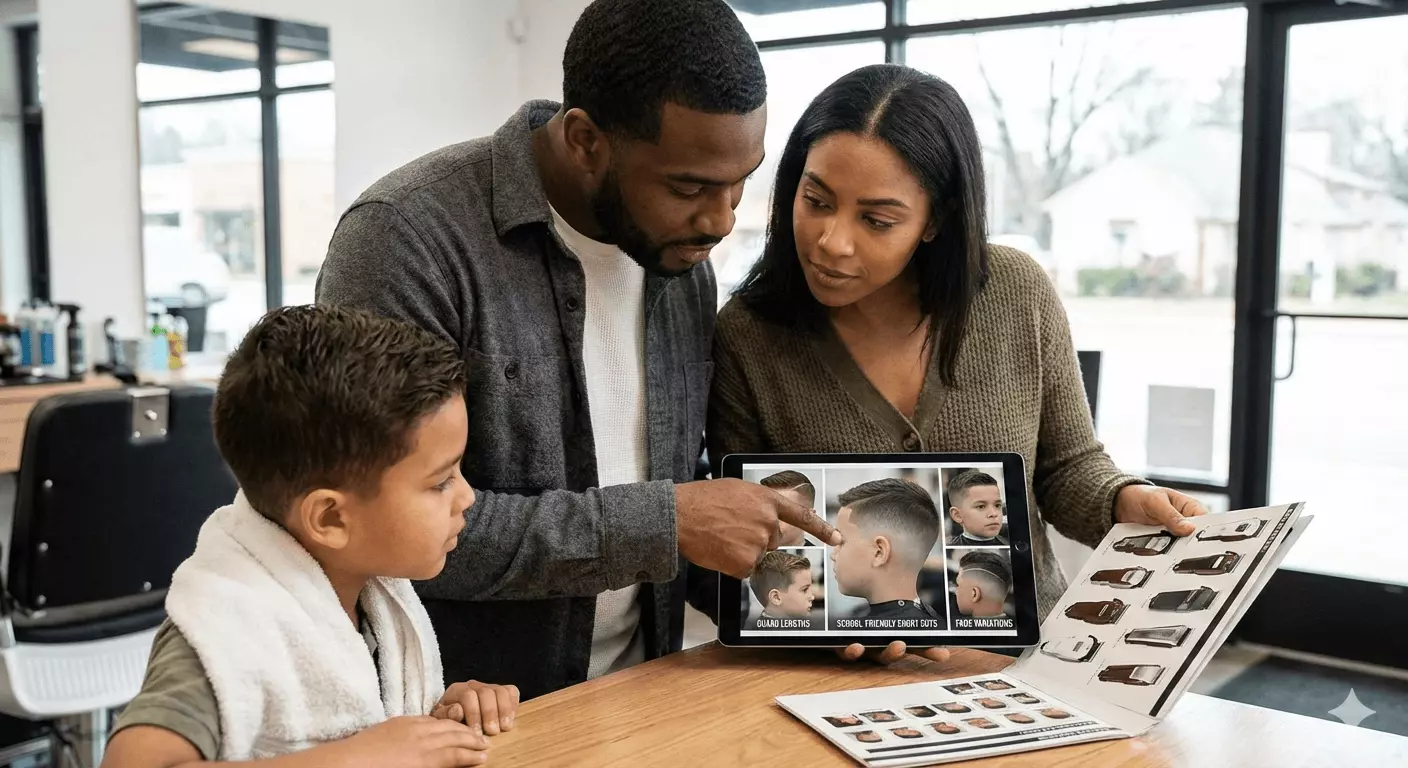 Parents comparing buzz cut for boys guard lengths, school-friendly short haircuts, and fade variations