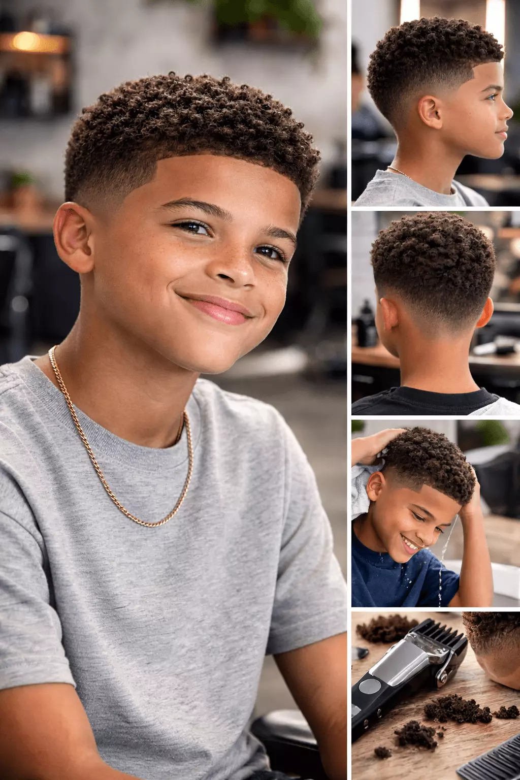Curly hair buzz cut for boys using #3 guard, showing natural texture and easy maintenance