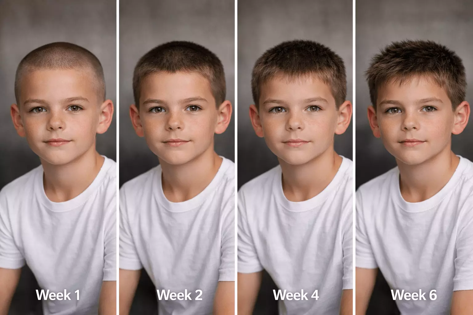 Buzz cut grow-out stages for boys from week 1 to week 6 showing gradual length change
