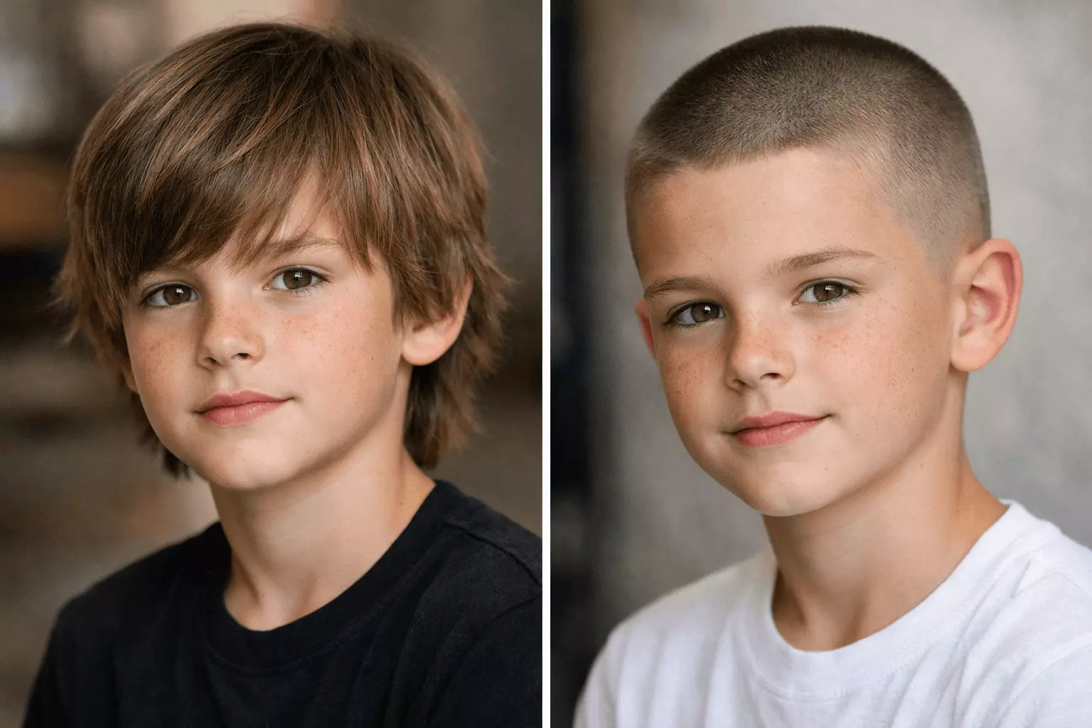 Transition from longer hair to buzz cut for boys showing before and after length comparison