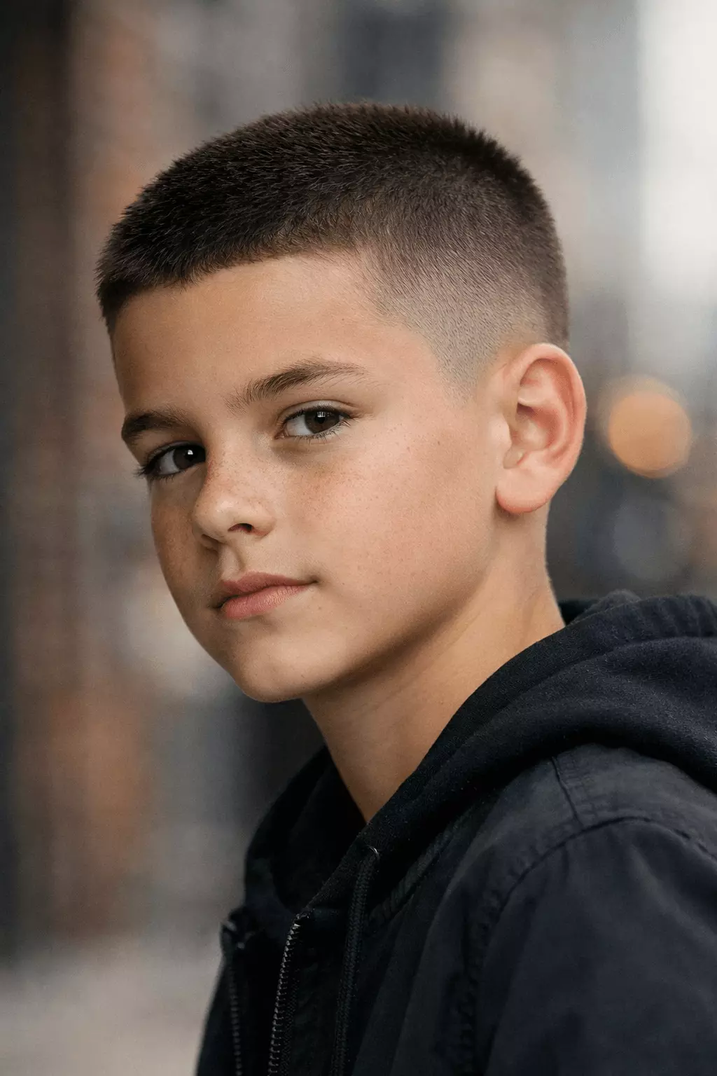 Low fade buzz cut for boys with blended sides and short top; modern but still age-appropriate