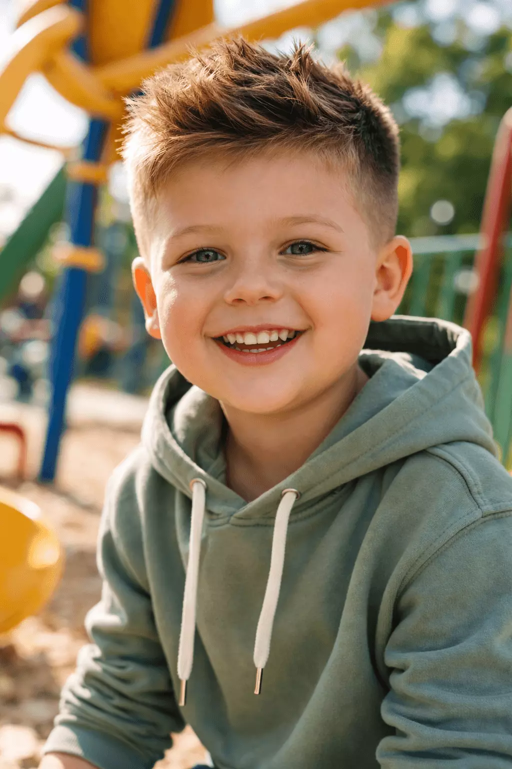 Round face boys buzz cut with structured proportions and clean silhouette