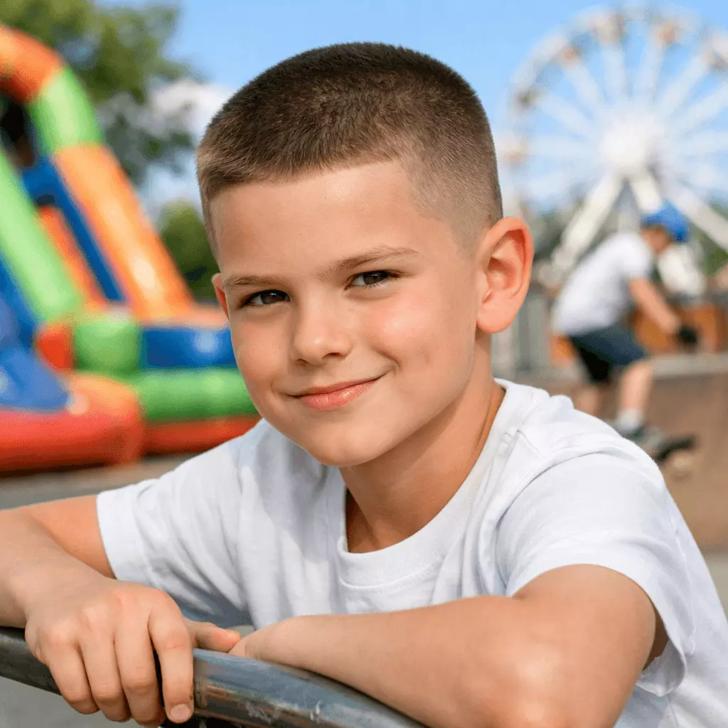 Square face buzz cut for boys with clean edges and defined jawline balance
