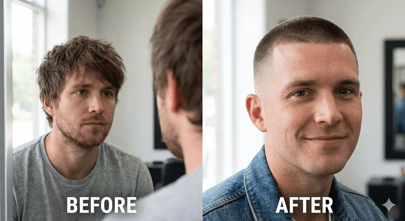 AI-generated buzz cut before and after on real user