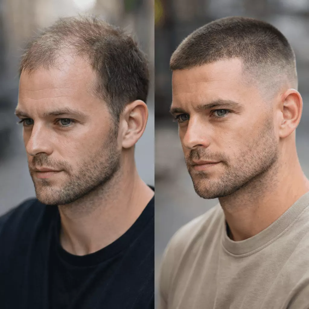 Before-after example: thinning hair transformed with buzz cut